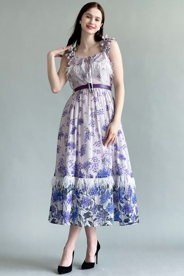 Mauve feather-decorated ruffled dress
