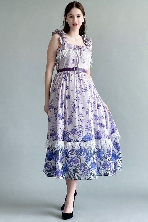 Mauve feather-decorated ruffled dress