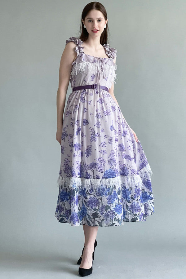 Mauve feather-decorated ruffled dress