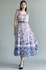 Mauve feather-decorated ruffled dress