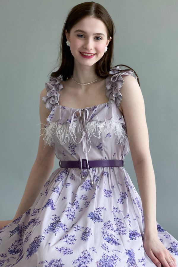 Mauve feather-decorated ruffled dress