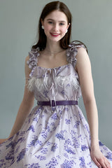 Mauve feather-decorated ruffled dress