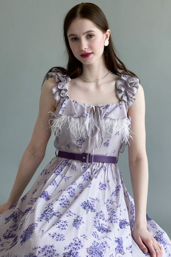 Mauve feather-decorated ruffled dress