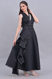 Black crystal embroidered pleated evening dress