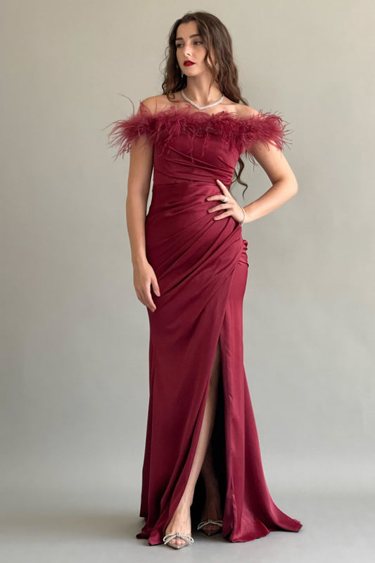 Burgundy feathered satin dress