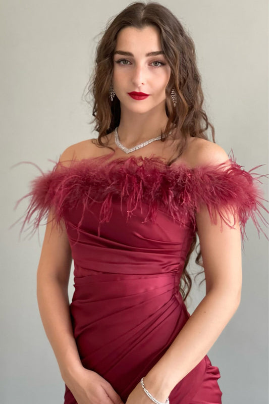 Burgundy feathered satin dress