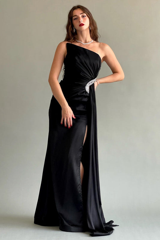 Black silk satin dress with crystals