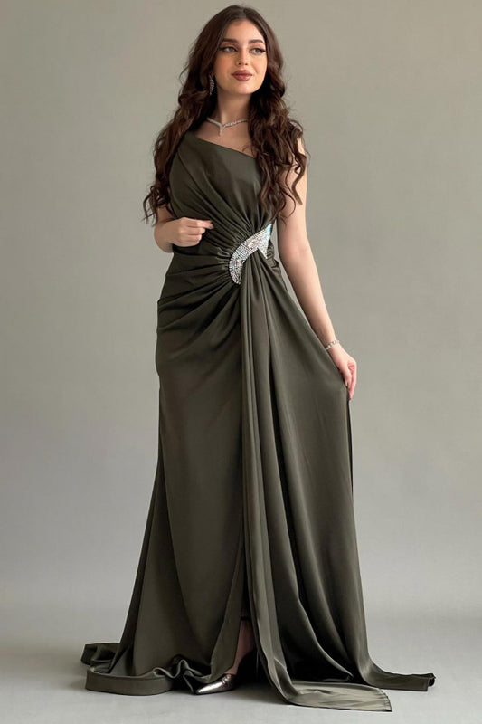 Olive crystal-embellished silk satin dress