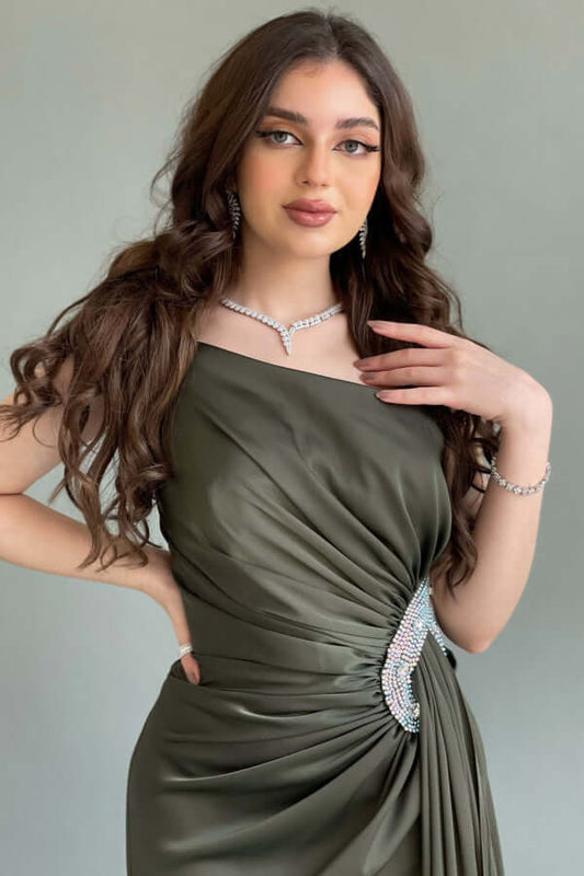 Olive crystal-embellished silk satin dress