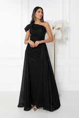 Black one shoulder shiny jersey dress