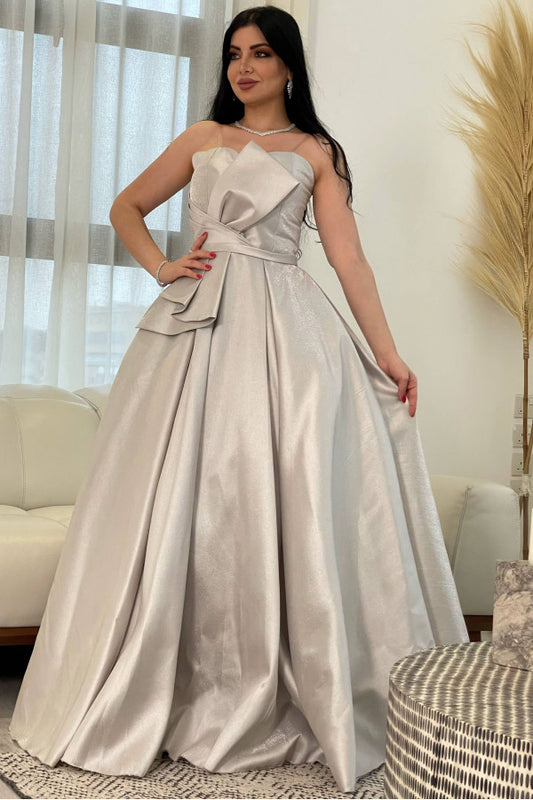 Gray evening dress with a bow