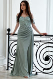 Evening dress with embroidered crochet, olive color