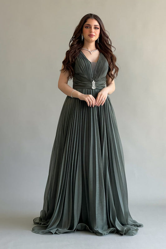 Elegant evening dress, olive color