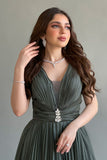 Elegant evening dress, olive color