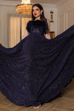 Evening dress top decorated with feathers, navy blue