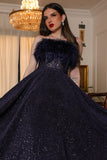 Evening dress top decorated with feathers, navy blue