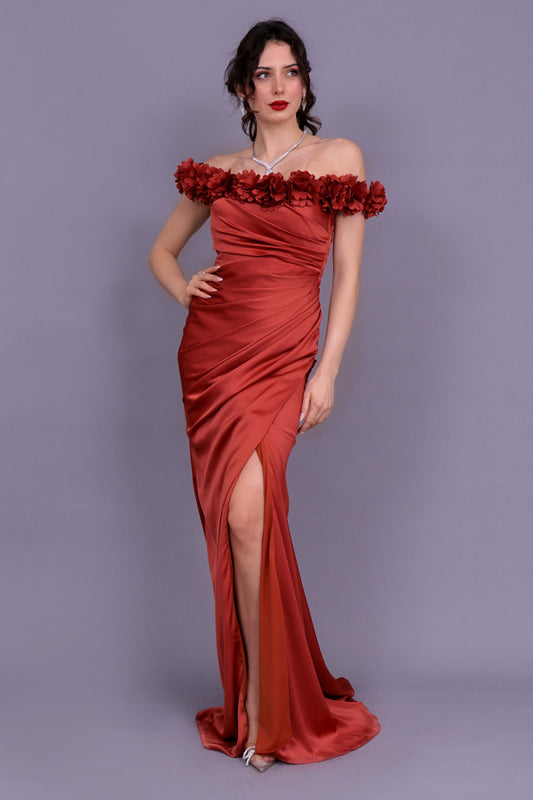 Satin evening dress with pleats and slit, brick color