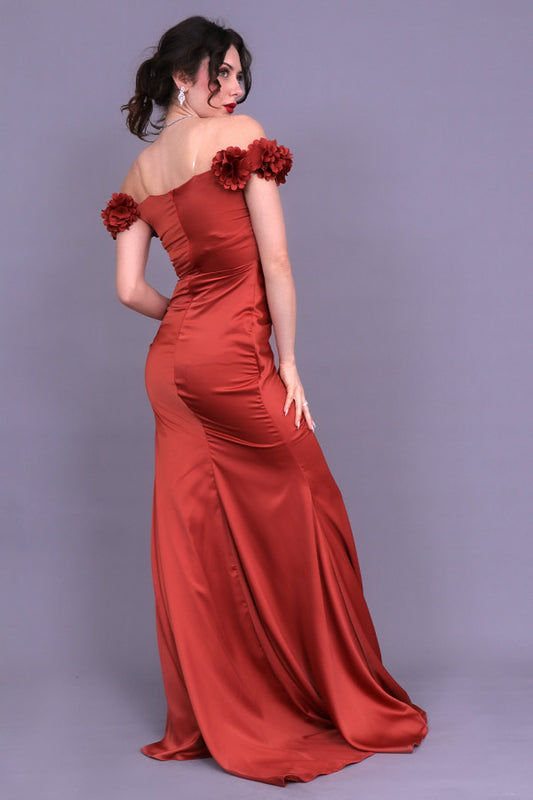 Satin evening dress with pleats and slit, brick color