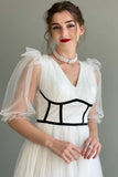 White tulle dress with crochet cut