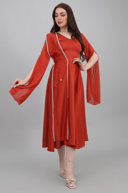 Satin cape dress with shawl shoulder design, brick color