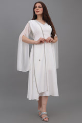 Satin cape dress with shawl shoulder design, white