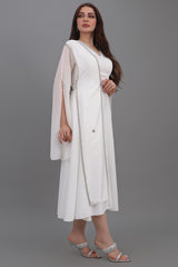 Satin cape dress with shawl shoulder design, white