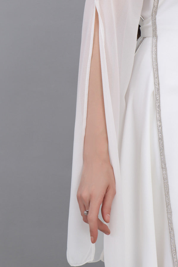 Satin cape dress with shawl shoulder design, white