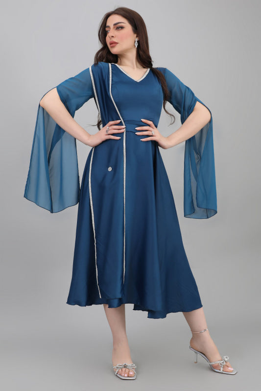 Satin cape dress with shawl shoulder design, turquoise