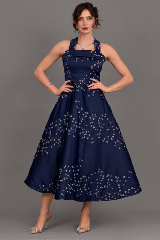 Evening dress embroidered with gold threads, navy blue