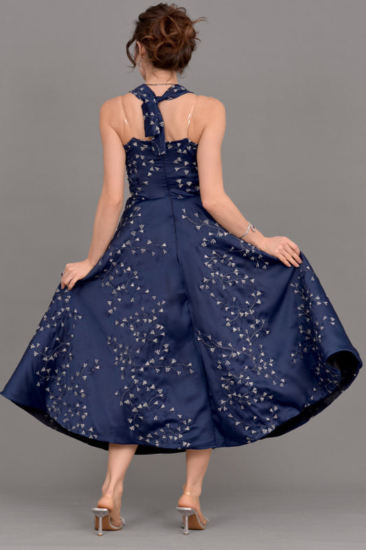 Evening dress embroidered with gold threads, navy blue