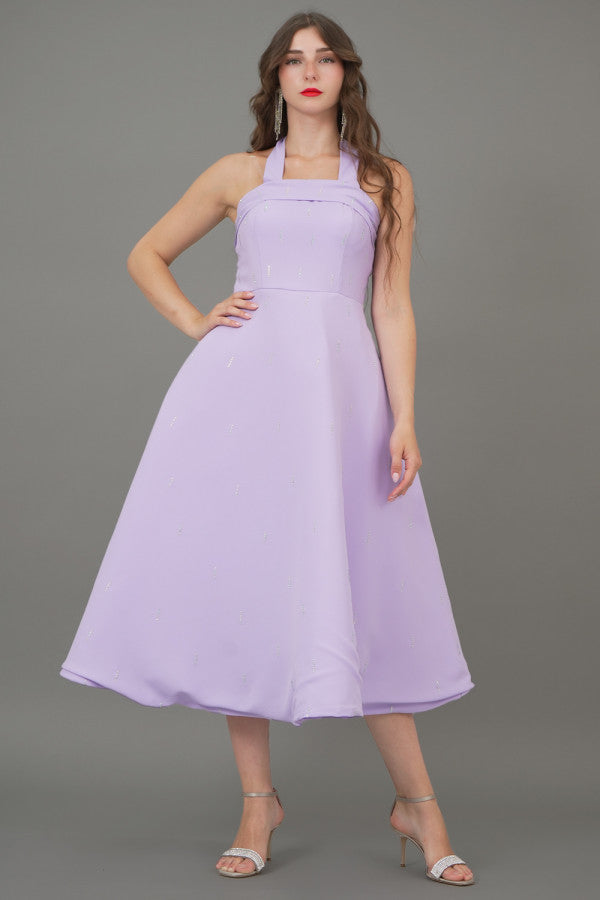 Evening dress with a tie around the neck, mauve color