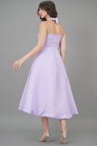 Evening dress with a tie around the neck, mauve color