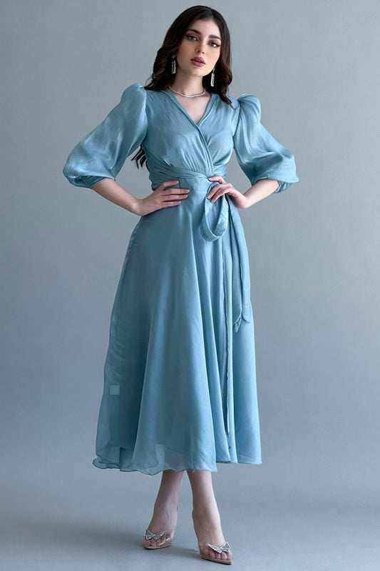 Chiffon wrap dress with tie at the waist, Tiffany color