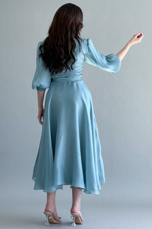 Chiffon wrap dress with tie at the waist, Tiffany color
