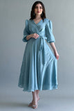 Chiffon wrap dress with tie at the waist, Tiffany color