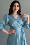 Chiffon wrap dress with tie at the waist, Tiffany color