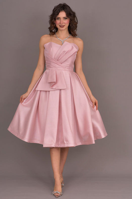 Evening dress with pleated top, pink color