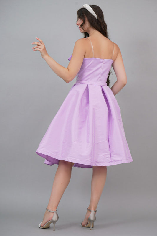 Mauve color embroidered cloche evening dress with pleated chest