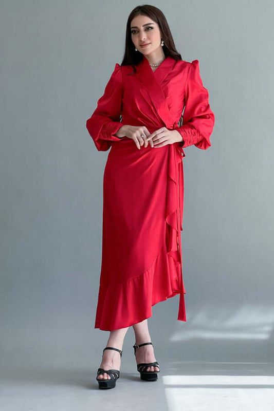 Red wrap dress with belt at the waist