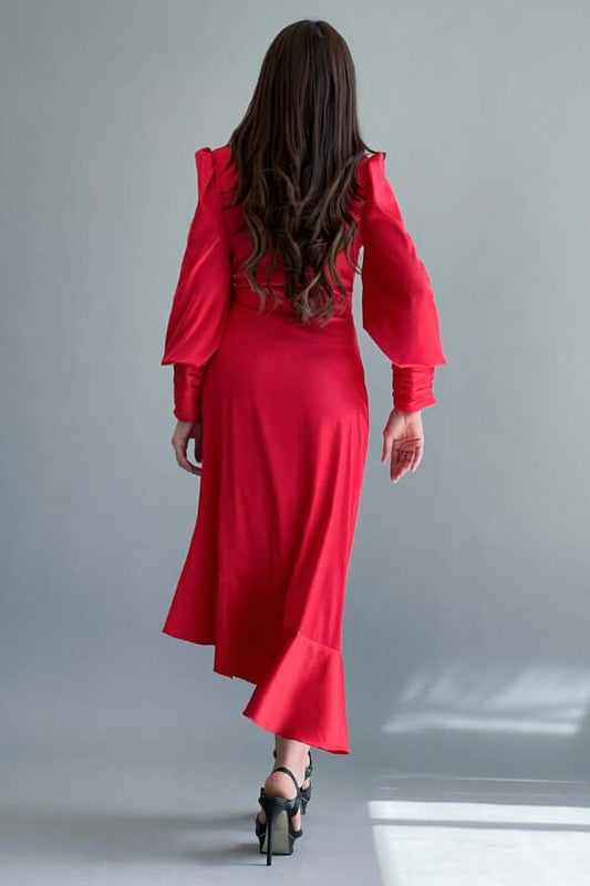 Red wrap dress with belt at the waist