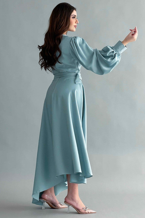 Asymmetric maxi dress in Tiffany