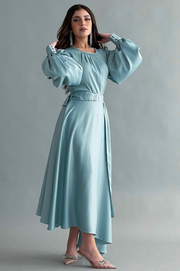 Asymmetric maxi dress in Tiffany