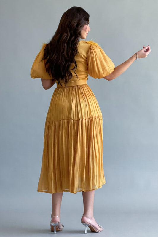 فستان ميدي كلوش مزين بريش لون اصفر
