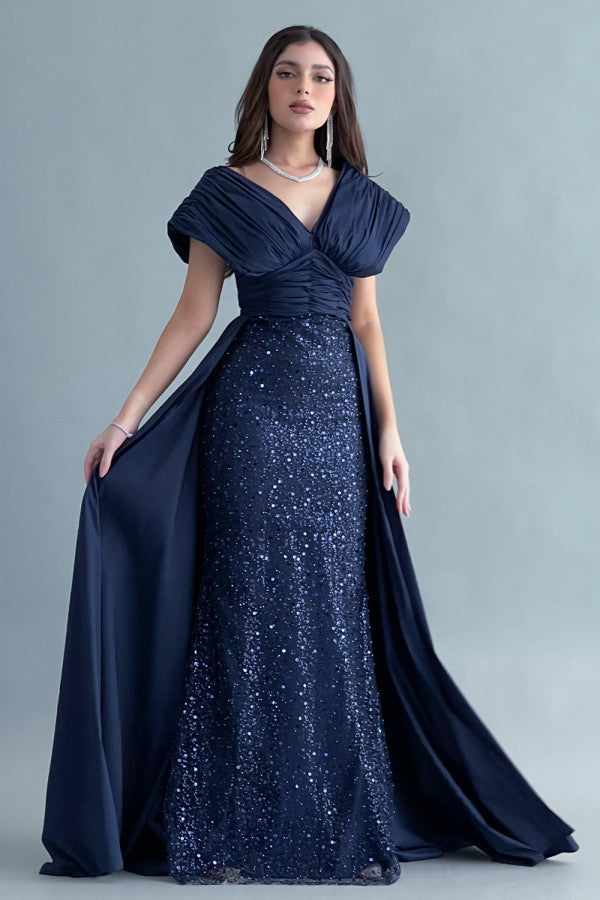 Evening dress embroidered with a train design, navy blue