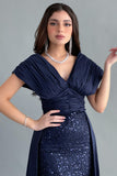 Evening dress embroidered with a train design, navy blue