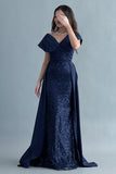 Evening dress embroidered with a train design, navy blue