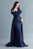 Evening dress embroidered with a train design, navy blue