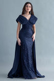 Evening dress embroidered with a train design, navy blue