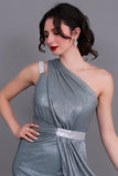 One-shoulder evening dress decorated with a crystal ribbon, pistachio green color