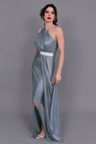 One-shoulder evening dress decorated with a crystal ribbon, pistachio green color